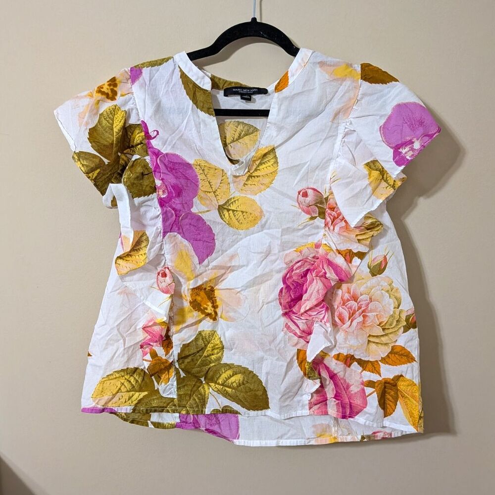 Marc New York Floral Ruffle Blouse Womens White Pink V-Neck Cap Sleeve Top Sz XL
